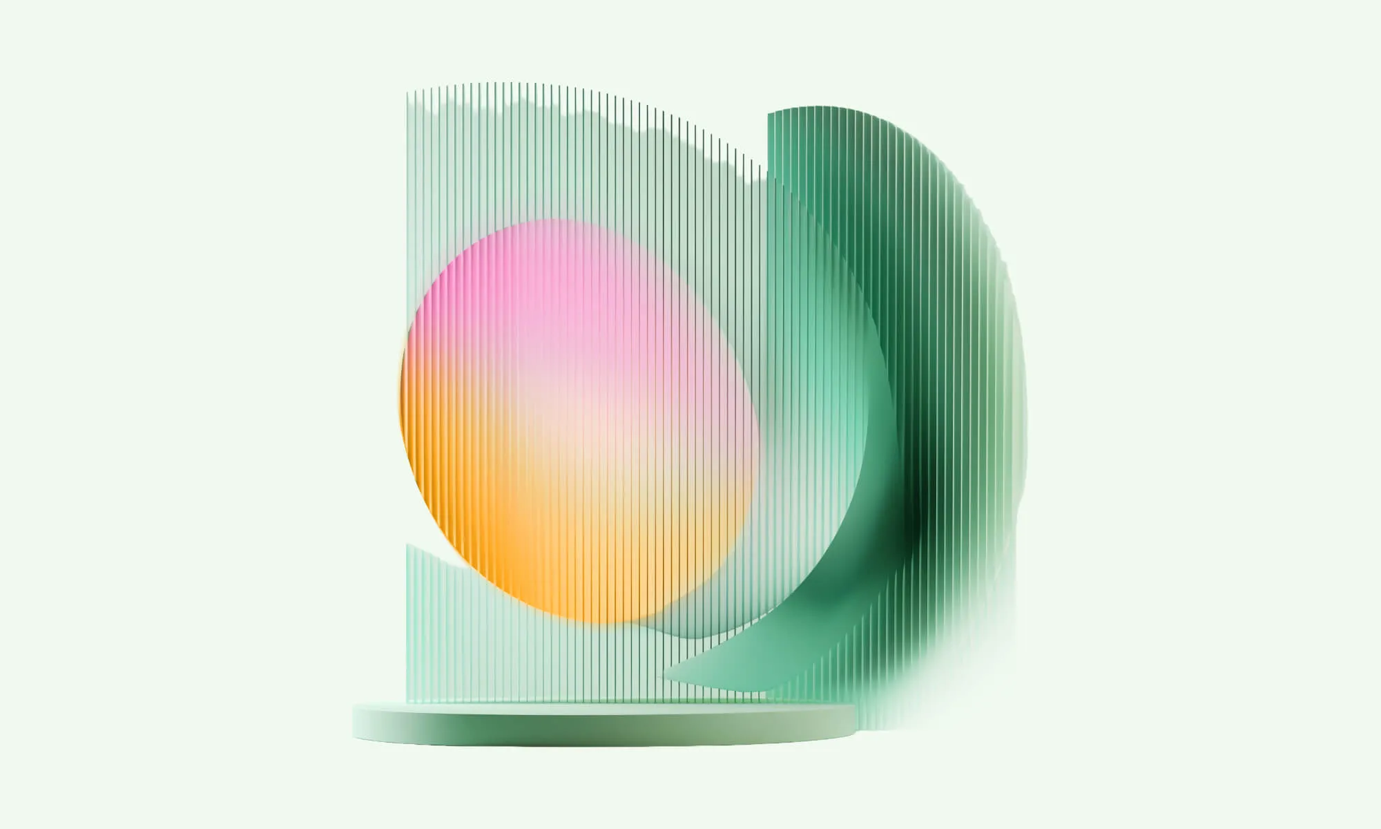 Abstract geometric composition featuring a gradient sphere surrounded by layered translucent green curves and vertical lines, symbolizing interconnected data, AI, and digital systems.