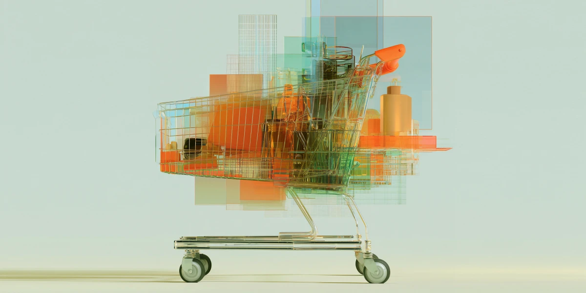 An abstract shopping cart filled with overlapping translucent geometric shapes in orange and green.