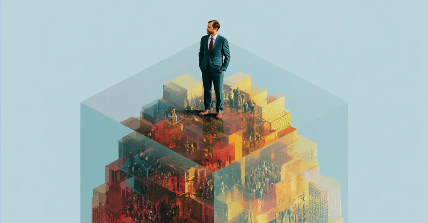 Business professional standing above a layered cityscape, representing durable execution for brokerage transfers.