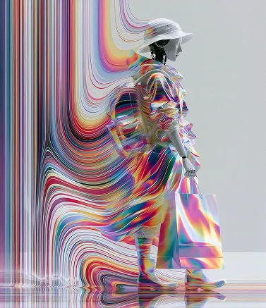 Robot in an iridescent coat and bucket hat holding a shopping bag, with colorful striped background.