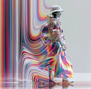 Robot in an iridescent coat and bucket hat holding a shopping bag, with colorful striped background.