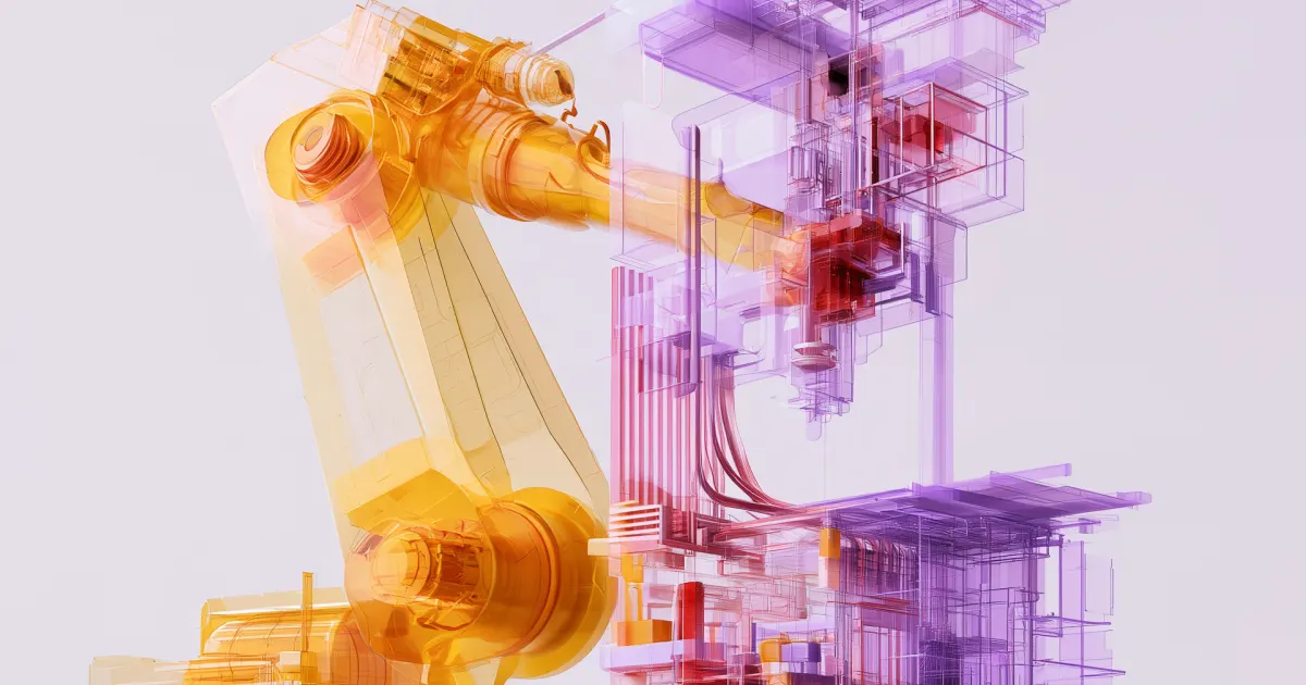 Translucent orange robotic arm beside purple machinery