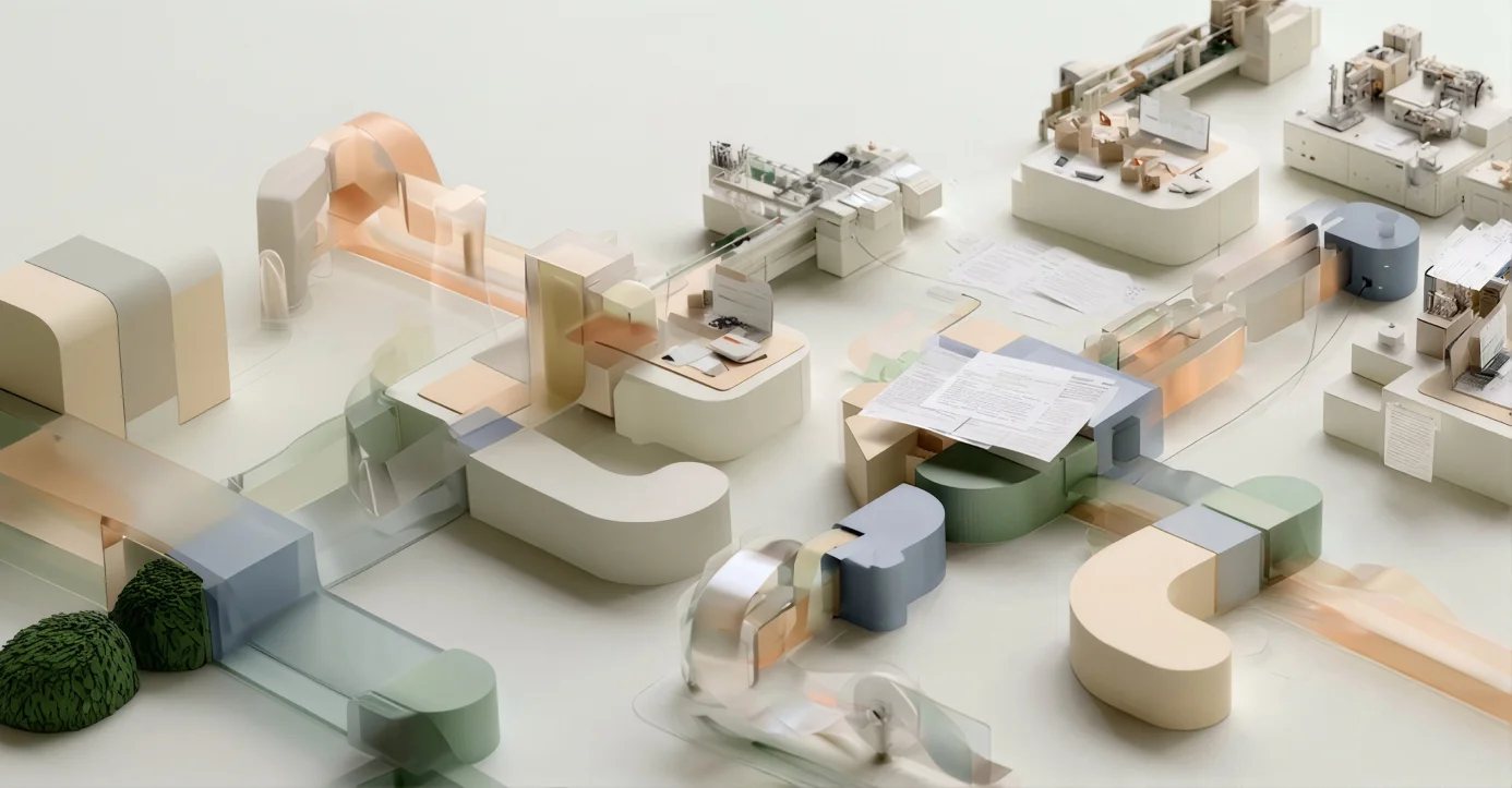 Isometric abstract model of an intricate supply chain system with pastel geometric shapes
