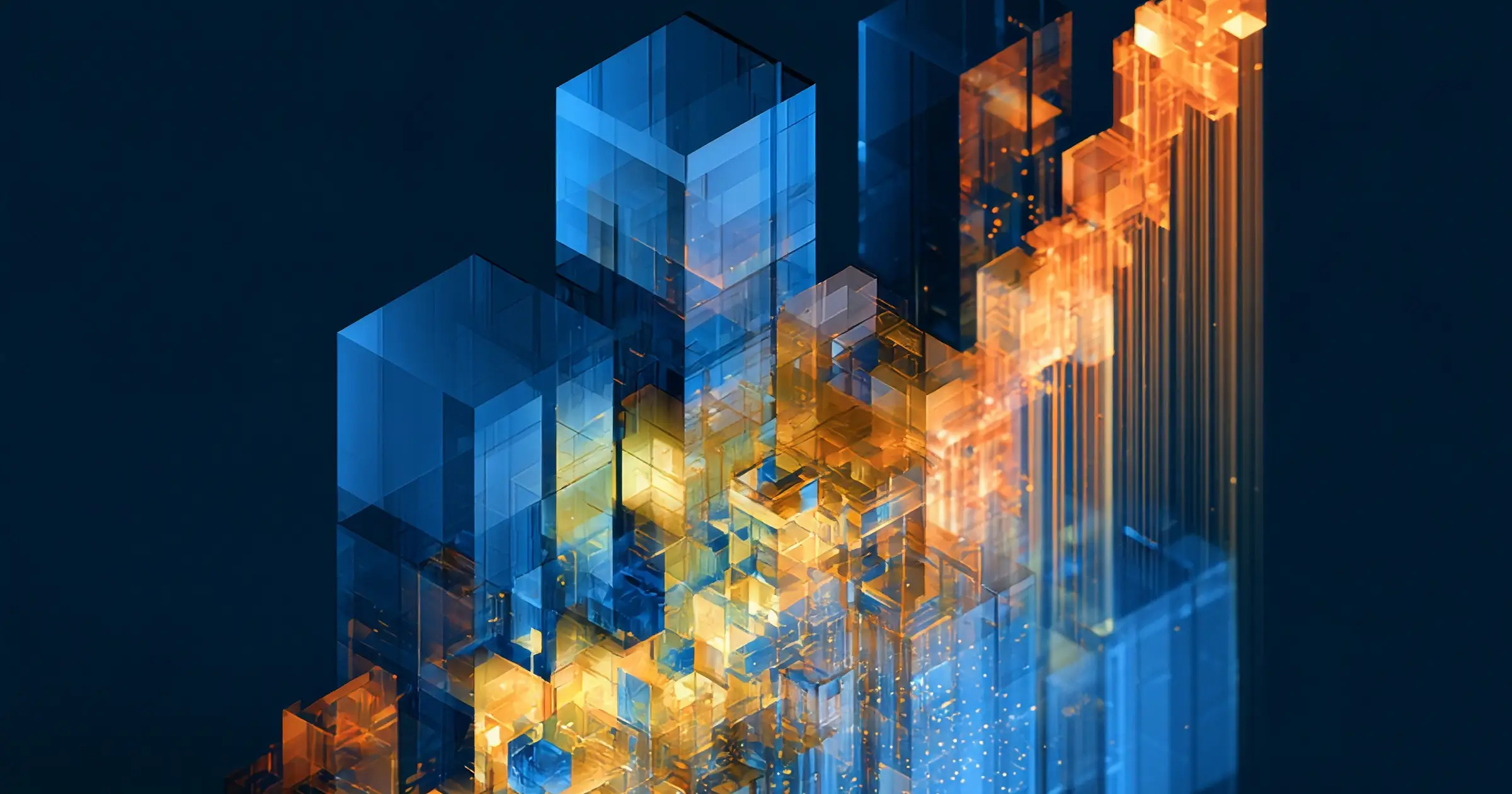Abstract 3D digital artwork featuring glowing blue and orange geometric blocks and dynamic data structures