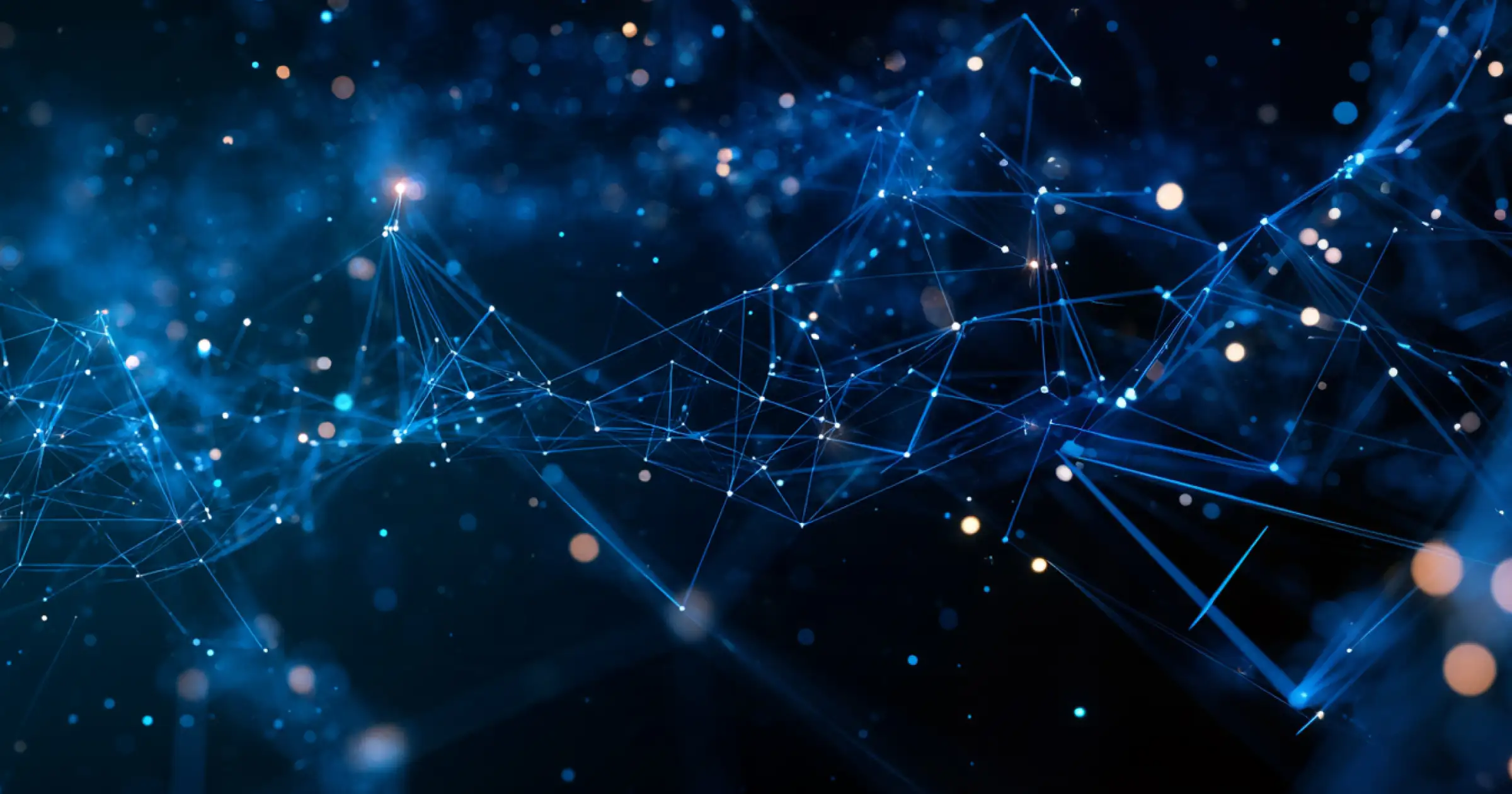 Abstract blue digital network with glowing nodes and connecting lines on a dark background